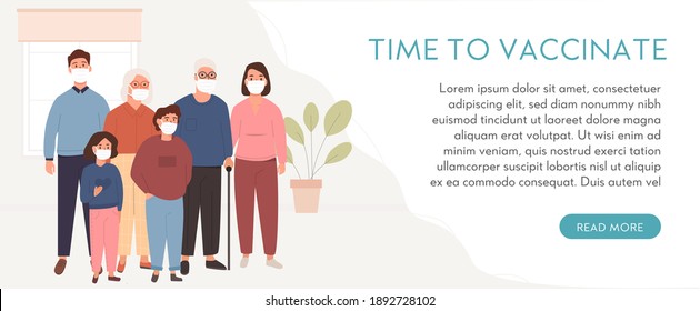 Group Of People Wearing Face Medical Mask On Background. Family Vaccination. Banner Or Poster With Caption Time To Vaccinate. Covid-19 Vaccine. People On Quarantine At Home. Flat Vector Illustration.