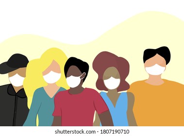 Group Of People Wearing Facial Cover Against Covid-19, Multiple Ethnicities And Cultural Diversity, Yellow Abstract Background Isolated On White Background, Vector Illustration Flat Design