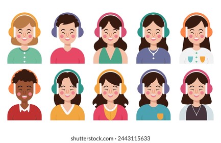 A group of people wearing headphones and smiling. The people are of different ages and genders. Concept of happiness and positivity. music day.