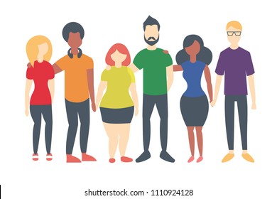 Group of people wearing LGBT flag colors, diverse people showing support, tolerance. Equality, gay rights. Flat style vector image