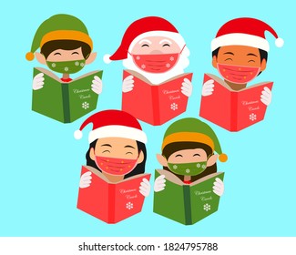 Group Of People Wearing Mask, Holding Carol Book And Singing Carols, Christmas 2020