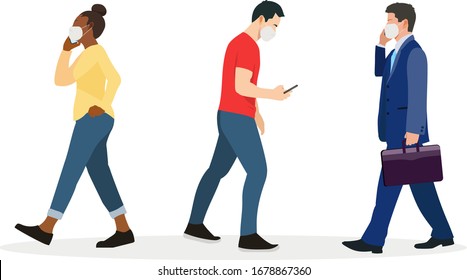 Group of people wearing mask protect virus.Vector illlustration.People walking with wearing mask set