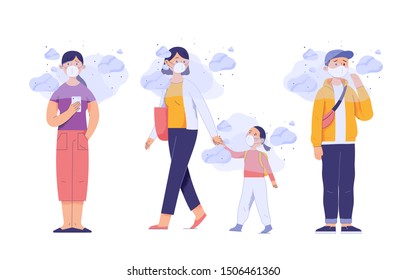 a group of people wearing masks on their faces because of smoke pollution, people protecting health from city pollution, character vector illustration