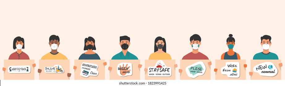 A group of people wearing masks to prevent disease carries a campaign banner. Protective mask Buy online, wash your hands, order online Work at home spaced out coronavirus vector illustration flat sty