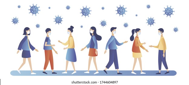 Group of people wearing medical face masks. Prevent disease, flu, virus, COVID-19. Coronavirus quarantine concept. Modern flat cartoon style. Vector illustration on white background	