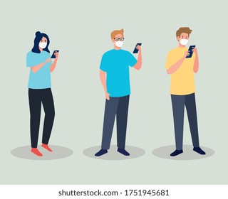 group people wearing medical mask against covid 19 using smartphone, social media coronavirus concept vector illustration design