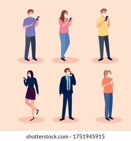group people wearing medical mask against covid 19 using smartphone, social media coronavirus concept vector illustration design
