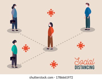 group of people wearing medical mask practicing social distance vector illustration design