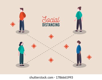 group of people wearing medical mask practicing social distance vector illustration design