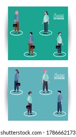 group of people wearing medical mask practicing social distance vector illustration design