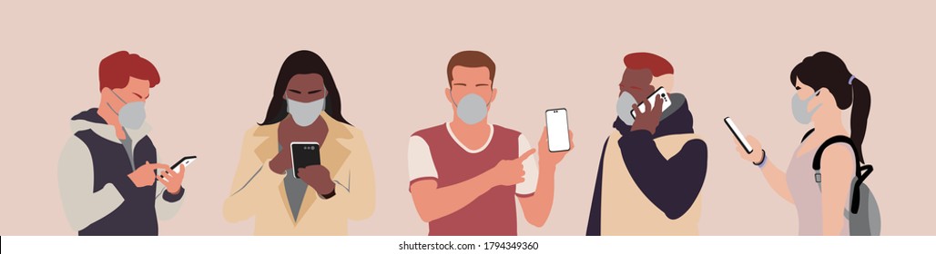 Group of people wearing medical mask during pandemic while holding their phone. People divesity. Daily routine. New normal activities. Pandemic prevention. Flat cartoon vector illustration.