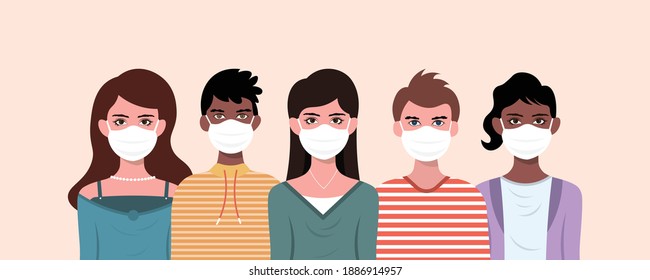 Group of people wearing medical mask to prevent from corona virus.vector illustration in a flat style.