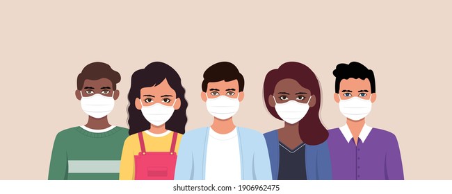 Group of people wearing medical mask to prevent from corona virus. Flat design