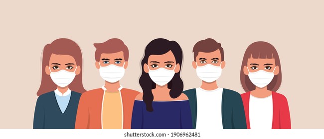 Group of people wearing medical mask to prevent from corona virus. Flat design