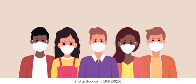 Group of people wearing medical mask to prevent from corona virus. Flat design