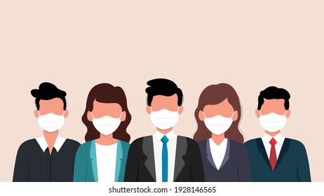 Group of people wearing medical mask to prevent from corona virus. Vector illustration.