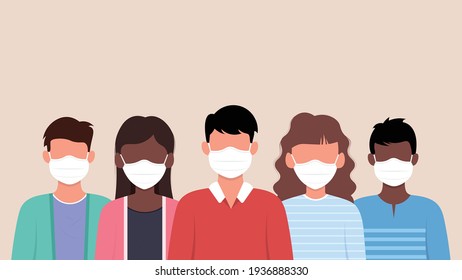 Group of people wearing medical mask to prevent from corona virus. Vector illustration.