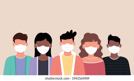 Group of people wearing medical mask to prevent from corona virus. Vector illustration.