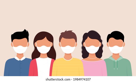 Group of people wearing medical mask to prevent from corona virus. Vector illustration.