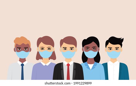 Group of people wearing medical mask to prevent from corona virus. Vector illustration