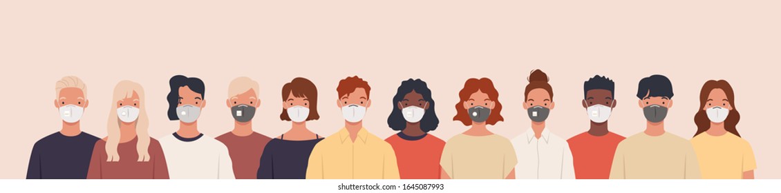 Hastalık, grip, hava kirliliği, kirlenmiş hava, dünya kirliliğini önlemek için tıbbi maske takan bir grup insan. Düz bir tarzda vektör illüstrasyon