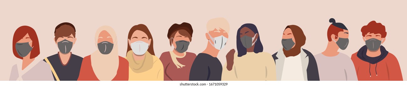 Group of people wearing medical masks to prevent disease, flu, air pollution.  Coronavirus in China. Vector illustration in a flat style.