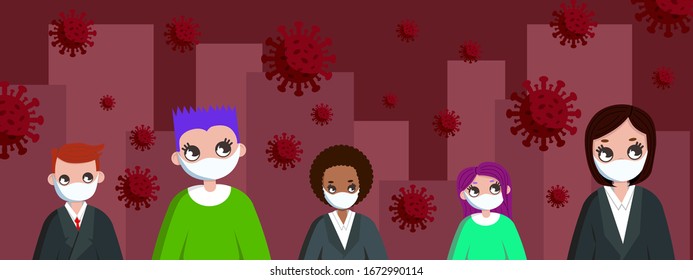 Group of people wearing medical masks. Dangerous chinese nCoV coronavirus, SARS pandemic risk alert. Vector illustration