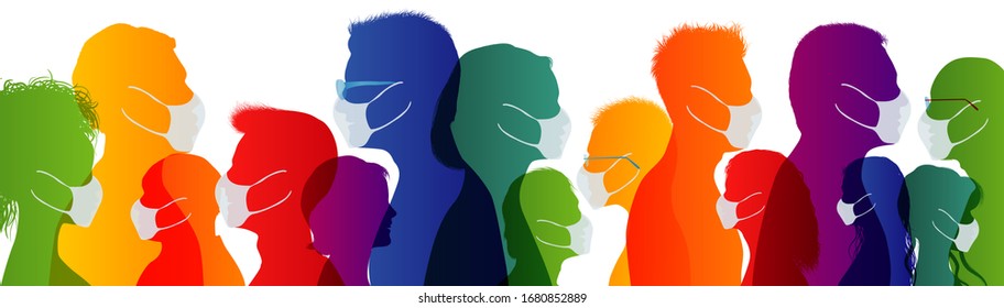 Group of people wearing medical masks. Coronavirus concept. Crowd of people protecting themselves against pandemic epidemic infection. Virus contamination. Vaccination. Antivirus