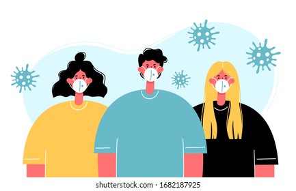 Group of people wearing medical masks. Preventive measures, human protection from disease, flu, air pollution. Coronavirus epidemic concept. Vector illustration.