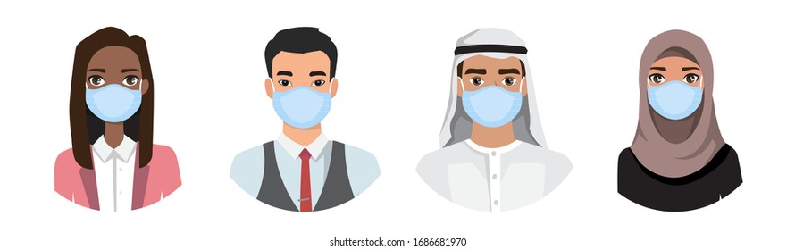 Group of people wearing medical masks to prevent disease, flu, air pollution, contaminated air, world pollution. Vector illustration in a flat style. Set of cartoon characters