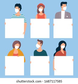 Group of people wearing medical masks to prevent disease, flu, air pollution, contaminated air, holding blank posters. Vector flsat design illustration template.