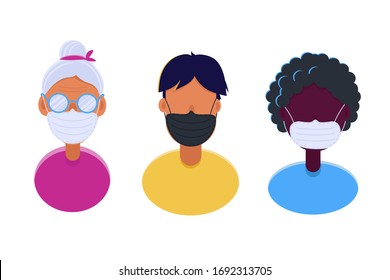 Group of people wearing medical masks to prevent disease, flu, contaminated air, world pollution. Modern flat vector illustration. Man, african american woman, elderly woman wearing medical masks.