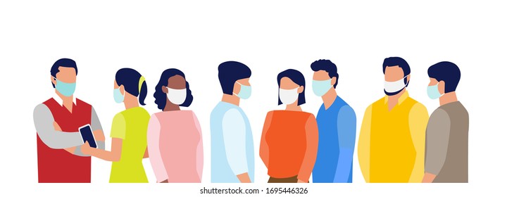 Group of people wearing medical masks to prevent coronavirus, disease, flu, air pollution.
Flat design banner for hospitals, medical facilities, Web Design and Digital Marketing. Vector illustration