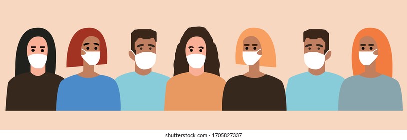 Group of people wearing medical masks to prevent disease, flu, air pollution, contaminated air, world pollution. Vector illustration in a flat style.