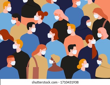 Group of people wearing medical masks to prevent disease, flu, air pollution, contaminated air, world pollution. Vector illustration in a flat style