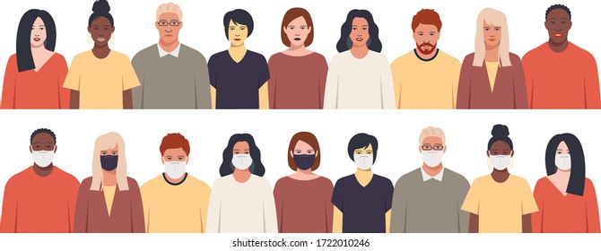 Group of people wearing medical masks to prevent disease, flu, air pollution, contaminated air, world pollution.Group of multicultural students flat vector illustration. Vector illustration flat style