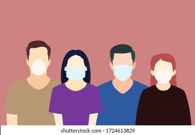 Group of people wearing medical masks to prevent disease, virus. Vector illustration in a flat style