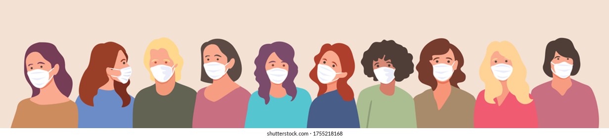 Group of people, wearing medical masks to prevent Coronavirus, covid-19 disease, 
flu, air pollution, contaminated air, world pollution. 
Vector banner illustration in a flat style