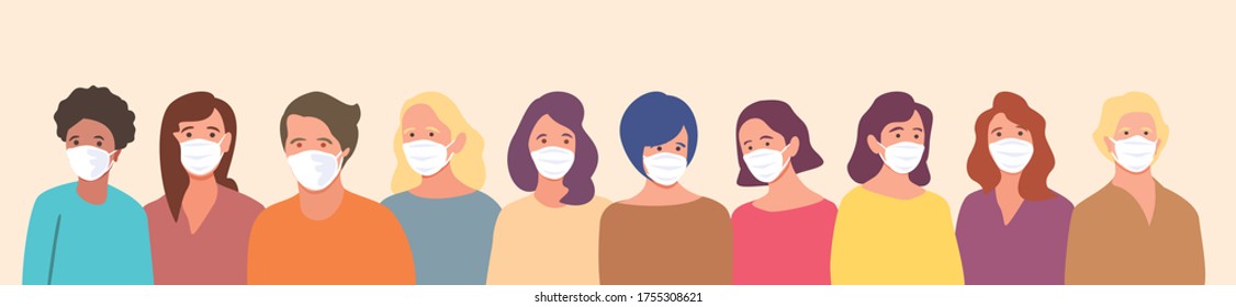 Group of people, wearing medical masks to prevent Coronavirus, covid-19 disease, 
flu, air pollution, contaminated air, world pollution. 
Vector banner illustration in a flat style
