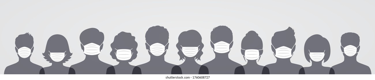 Group of people wearing medical masks. Crowd of people protecting themselves against pandemic epidemic infection. Coronavirus - COVID-19, virus contamination, pollution, antivirus – vector