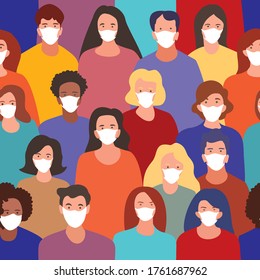 Group of people wearing medical masks to prevent disease,
people in white medical face mask. Concept of coronavirus quarantine 
vector illustration. Seamless pattern.