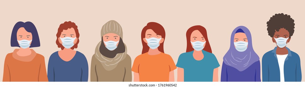 Group of people, wearing medical masks to prevent Coronavirus, covid-19 disease, 
flu, air pollution, contaminated air, world pollution. 
Vector banner illustration in a flat style