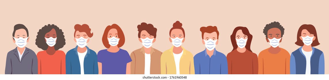 Group of people, wearing medical masks to prevent Coronavirus, covid-19 disease, 
flu, air pollution, contaminated air, world pollution. 
Vector banner illustration in a flat style