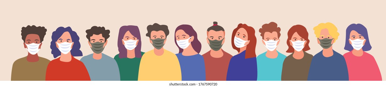 Group of people, wearing medical masks to prevent Coronavirus, covid-19 disease, 
flu, air pollution, contaminated air, world pollution. 
Vector banner illustration in a flat style