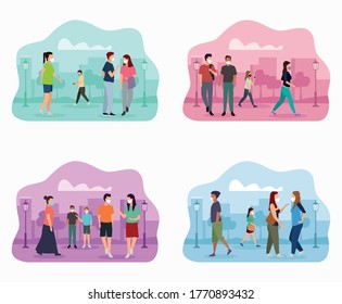 Group Of People Wearing Medical Masks In The Park And City Vector Illustration Design