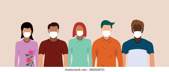 Group of people wearing medical masks to prevent corona virus,world pollution.Vector illustration in a flat style