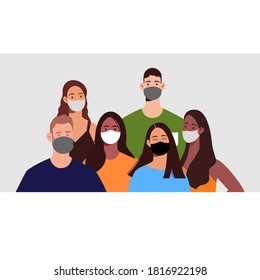 Grupo de personas usando máscaras médicas para prevenir enfermedades, gripe, contaminación del aire. Coronavirus en el mundo. Ilustración vectorial en un estilo plano.