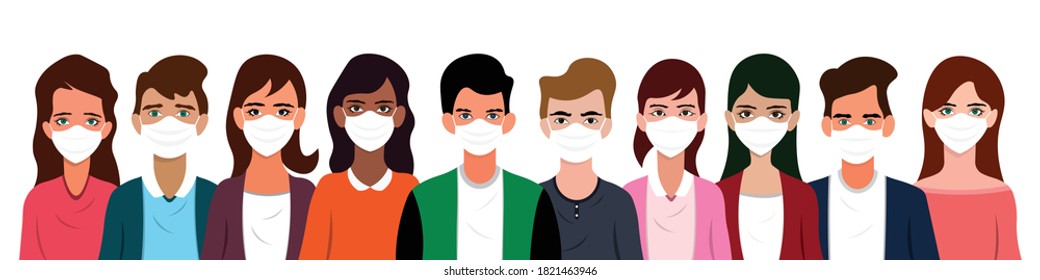 Group of people wearing medical masks to prevent corona virus,world pollution. illustration in a flat style