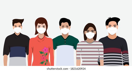 Group of people wearing medical masks to prevent corona virus,world pollution. illustration in a flat style