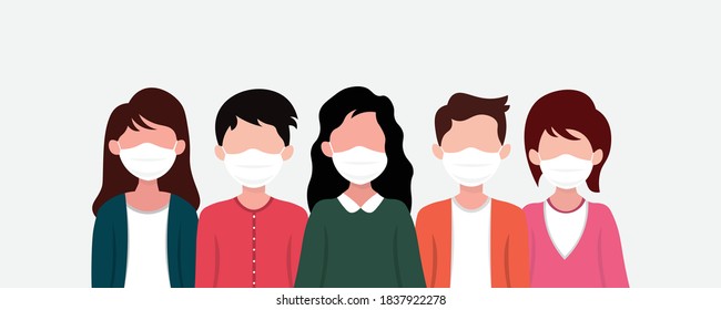 Group of people wearing medical masks to prevent corona virus,world pollution.Vector illustration in a flat style	
